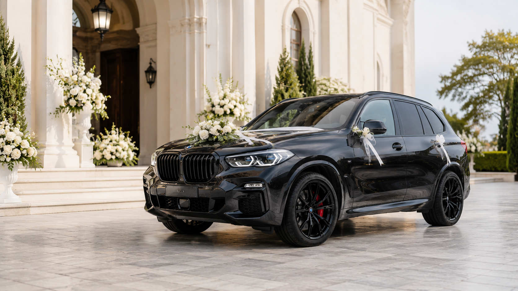 Auto do ślubu Praszka – czarne BMW X5 z dekoracją przed kościołem